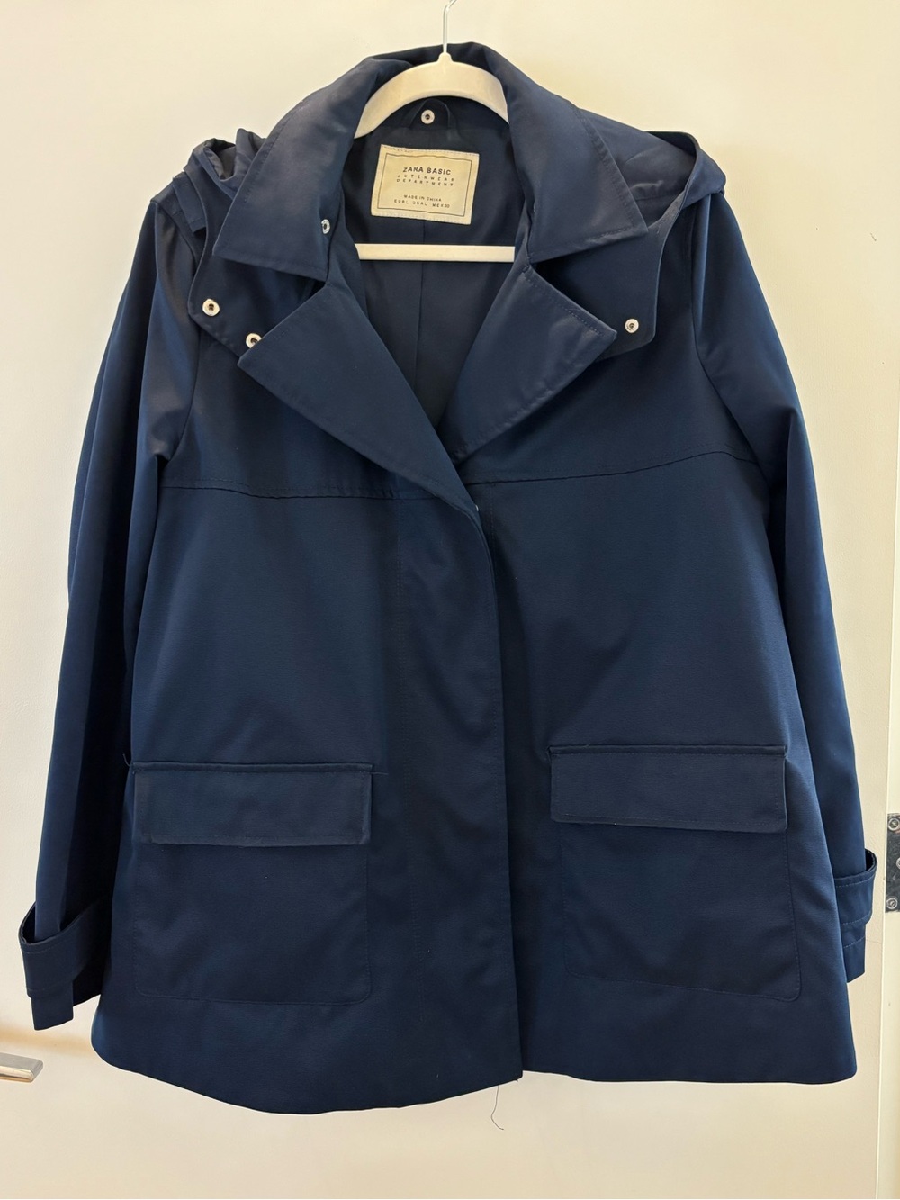 Zara Basic Navy Hooded A-Line Swing Coat Jacket L